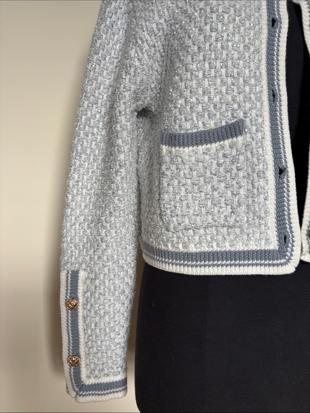 Chunky Cropped Blazer Cardigan Metal Buttons in Light Blue and White Like New - Picture 3 of 15